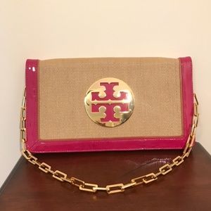 Tory Burch Reva pink leather and straw purse